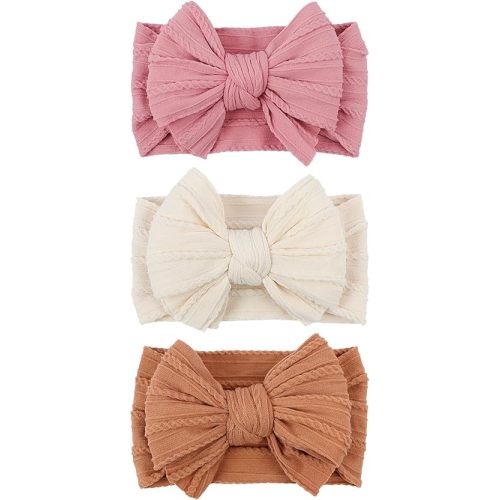 LemonSpce Handmade Baby Bows for baby girls Stretchy Nylon Hair Bands Hair Accessories with Headbands Bows for Newborn Baby Girls Infant Toddlers Kids Bow(Pink Brown light Beige)