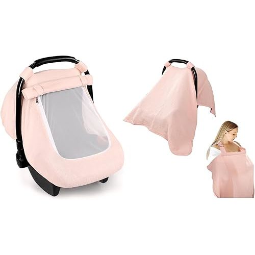 Hooyax Muslin Baby Car Seat Cover and Car Seat Canopy&Nursing Cover Bundle(Pink)