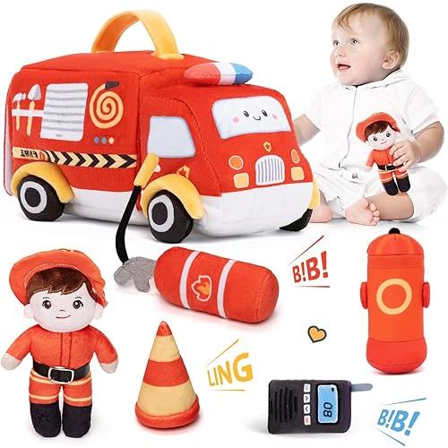 OUOZZZ Baby Toys 6-12 Months - Firetruck for Toddlers - Stuffed Toy Set with Baby Firefighter Doll - Fire Truck Plush Sensory Toy - First Birthday Gift for Boys Portable Toys Montessori