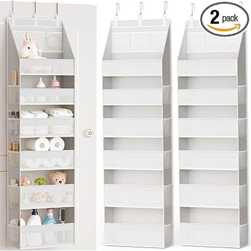 Criusia 2 Pack Over the Door Organizer, Heavy-Duty 6-Shelf Hanging Storage with 13 Mesh Pockets, 55lbs Capacity Behind the Door Storage for Nursery, Bathroom, Bedroom, and Dorm, White