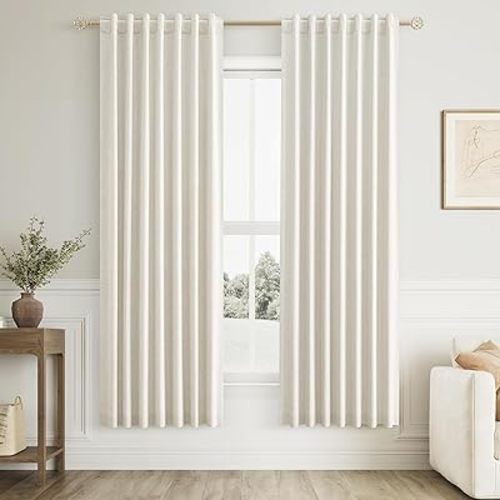 Guken 100% Blackout Linen Curtains for Bedroom 72 Inches Long Natural Cream Black Out Curtain Back Tab Thermal Insulated Room Darkening Window Drapes for Living Room 2 Panels Beige Ivory 52x72