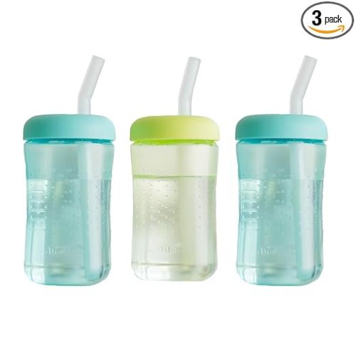 The First Years Squeeze & Sip Toddler Straw Cups - Squeezable Transition Sippy Cup with Silicone Straw - Toddler Feeding Supplies - 7 Oz - 3 Count - Ages 6 Months and Up