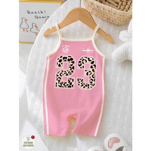 SHEIN Baby Girls Casual Chic Sports Jersey Style Outfit, Cheetah Print Number 24, Pink, Sleeveless Romper, Suitable For Spring And Summer | SHEIN USA