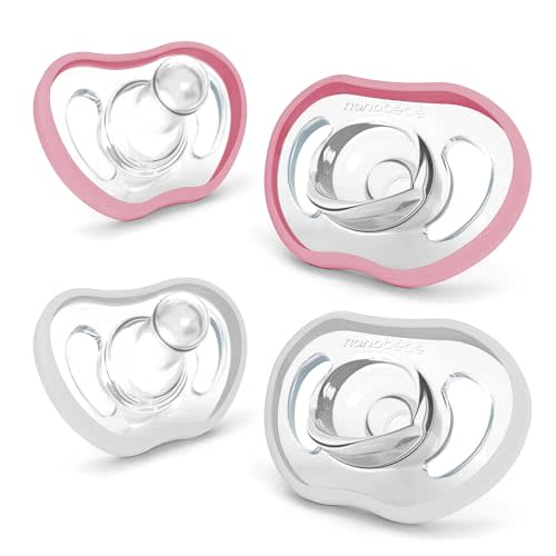Nanobebe Active Baby Pacifiers 4-36 Months - Orthodontic, Lightweight and Vented, Curves Comfortably with Face Contour, 100% Silicone - BPA Free, Perfect Baby Registry Gift 4pk, White/Pink