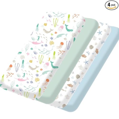 Bimocosy Pack and Play Sheets Fitted 4 Pack, 38 x 26 Inch Pack n Play Mini Crib Sheets for Boys and Girls, Soft Stretchy Playard Mattress Sheets for Graco Pack n Play, Ocean Friends