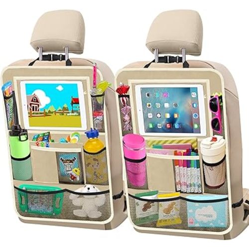 Car Backseat Organizer ，2 Pack Car Organizer Back Seat with 11" Tablet Holder, 10 Storage Pockets Seat Back Protectors Kick Mats for Kids Toddlers, Travel Accessories (Beige)