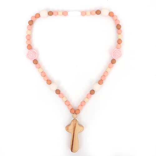 Cross Silicone Rosary - Baptism Party Supplies,Floral Silicone Beads Baptism Gift,Catholic First Communion Chewy Rosary (Pink Floral)