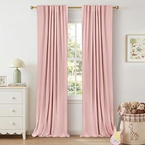 100% Blackout Shield Linen Blackout Curtains for Bedroom 84 Inches Long, Back Tab/Rod Pocket Living Room Drapes, Thermal Insulated Blackout Curtains 2 Panels Set, 50" W x 84" L,Baby Pink