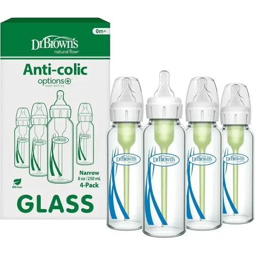 Dr. Brown's Natural Flow Anti-Colic Options+ Narrow Glass Baby Bottle 8 oz/250 mL, with Level 1 Slow Flow Nipple, 4 Pack, 0m+