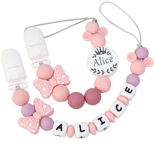 Personalized Pacifier Clip with Name, Customizable Pacifier Clip (2 Pack) (Mouse-Pink)