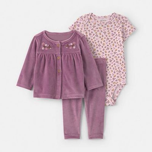 Baby Girl Carter's 3-Piece Floral Velvety Cardigan, Pants & Bodysuit Set