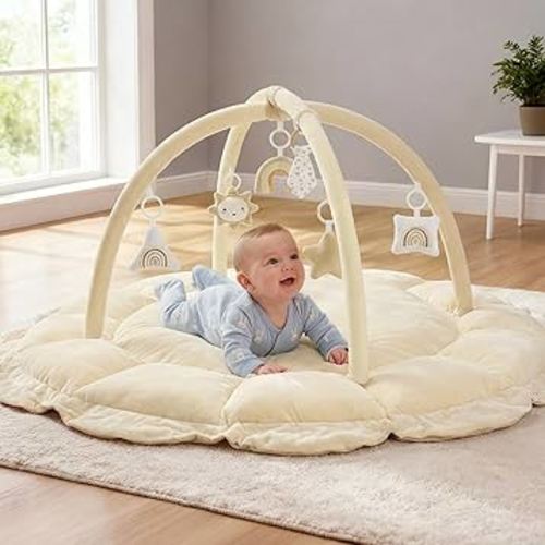 5-in-1 Thick & Plush Baby Play Gym, Baby Play Mats for Floor, Tummy Time Mat with 6 Toys, Convertible Stage-Based Developmental from Babies to Toddlers, Ball Pit, Cream