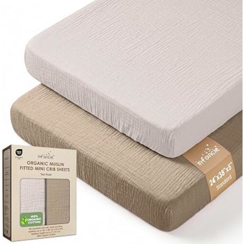100% Organic Cotton Mini Crib Sheets, 24" x 38" Fitted Pack and Play Crib Sheet, Soft Breathable Muslin Crib Sheets, Cotton Crib Sheets for Boys & Girls