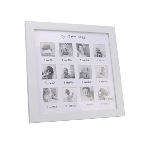 Baby's First Year Photo Frame, Collage Frame in White Frame with Mat 12 Months Newborn Monthly Picture Frame My First Year Photo Frame for Baby Growth Record Keepsake 9.8x9.8x0.7in