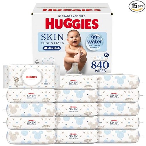 Huggies Skin Essentials Baby Wipes, Hypoallergenic, 99% Water, 15 Flip Top Packs (840 Wipes Total)