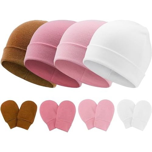 DRESHOW BQUBO Baby Hats and Mittens Infant Cotton Beanie Gloves No Scratch Set Newborn Hospital Hat for Boys Girls