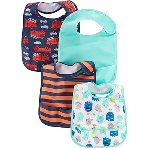 Simple Joys by Carter's Baby 4- Pack Feeder Bibs, Fire Trucks/Monsters/Stripe, One Size