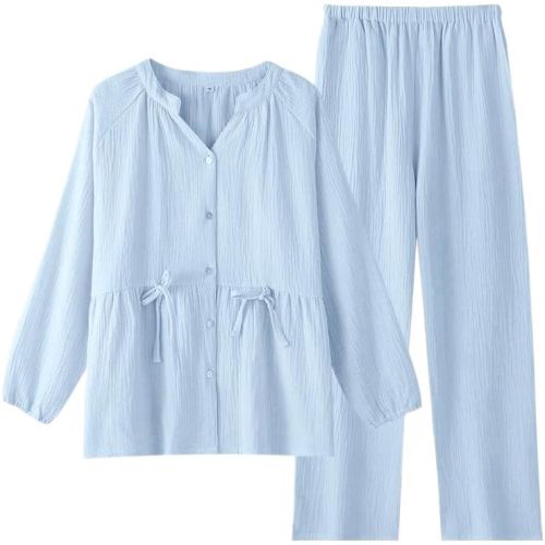 codcm Womens Cotton Pajama Sets Muslin Pj Set V Neck Button Down Shirt and Pants Sleepwear 2 Piece Cute Pj Set