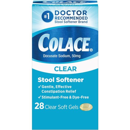 Colace Clear Stool Softener Soft Gel Capsules, 28 Count, Constipation Relief, 50 mg Docusate Sodium, Doctor Recommended