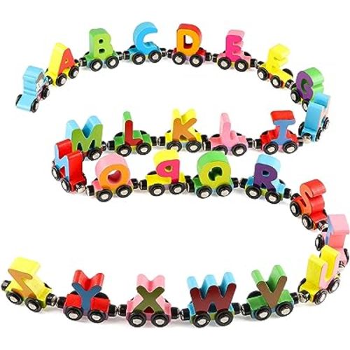 Wondertoys 27 PCS Wooden Alphabet Train Toy Wooden Magnetic Alphabet ABC Train Set