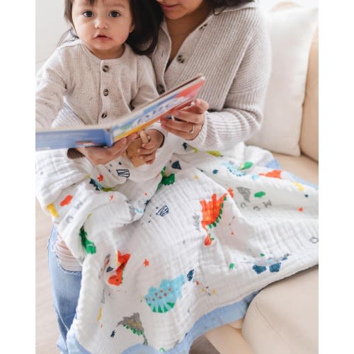Dino Dreams Muslin Swaddle Blanket: 6-Layer Cotton Baby Blanket