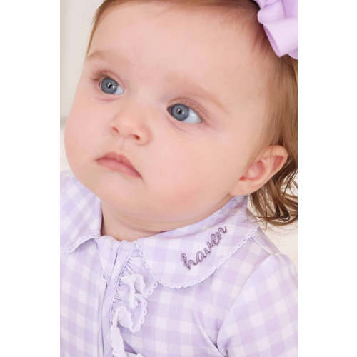 Peter Pan Collar Ruffle Zipper Footie | Lilac Gingham