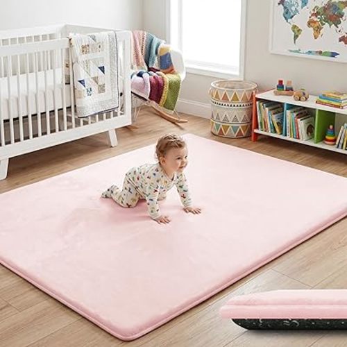 1.5" Thick Baby Play Mat for Floor, 39x59 Playpen Mat, Pro Soft Flannel Foam Mats Toddler Infant Kids Crawling for Nursery Rug Playroom Living Room Waterproof Easy Care Non-Slip (Baby Pink)