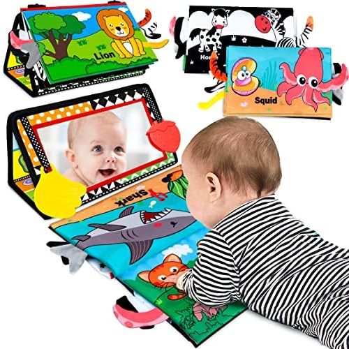 Tummy Time Toys 0-6 Months: Baby Mirror Toy with Crinkle Book Teether