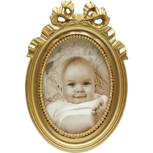 Vintage Picture Frames 3.5x3.5 Ornate Wallet Size Round Small Gold Picture Frames for Tabletop and Wall Mount Retro Home Decor Antique Wall Decor with Embossed Bead and Bow