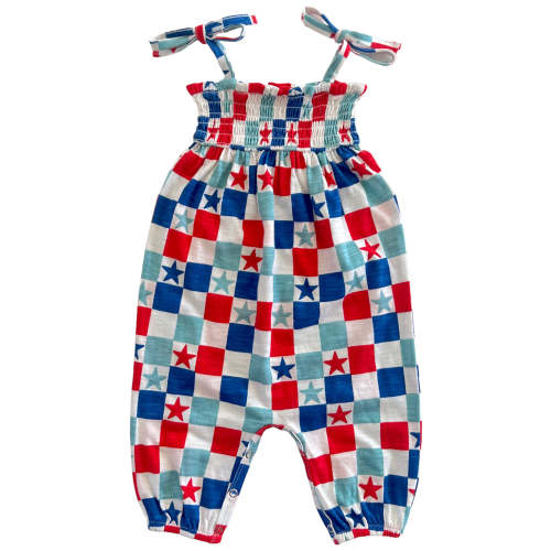 Red, White & Blue Checkerboard / Organic Smocked Jumpsuit