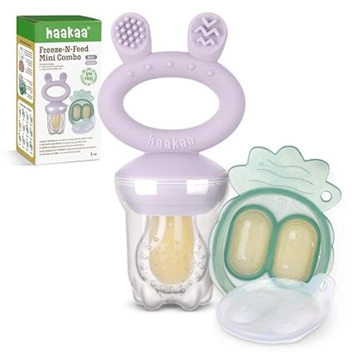 Haakaa Baby Fruit Food Feeder & Mini Freezer Nibble Tray Combo, Breastmilk Popsicle Molds for Baby Cooling Relief, BPA Free Silicone Feeder for Safe Infant Self Feeding, 4 Month+ (Blush)