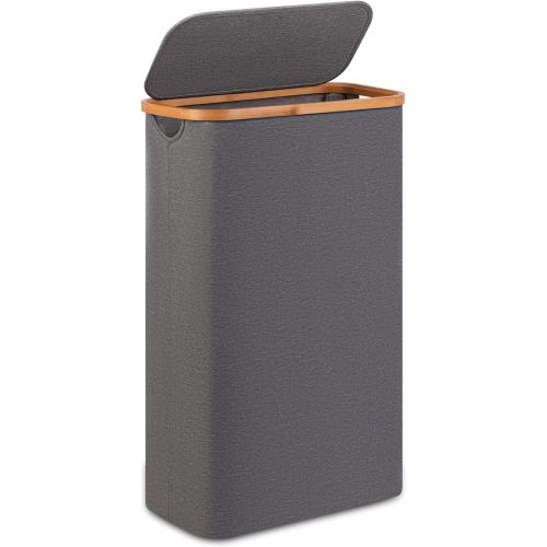 Slim Laundry Basket,60L Laundry Hamper with Lid, Tall Hamper for Laundry,Dirty Cloth Hamper with Bamboo Handle for Toys,Towels, Clothes Organizing,Grey