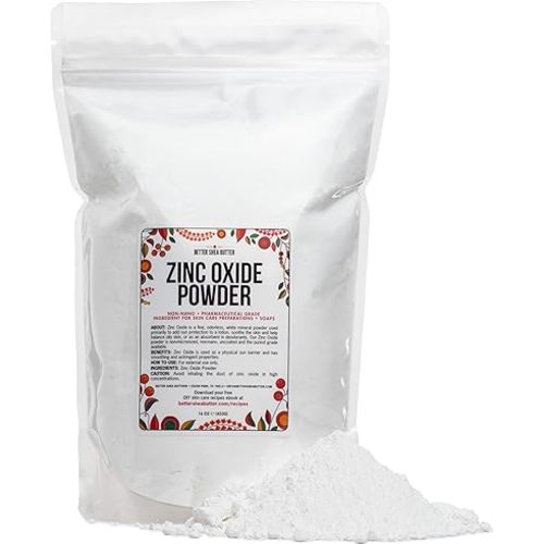 Zinc Oxide Powder | Uncoated, Non Nano Zinc Oxide | Pure, Pharmaceutical Grade | Use in Homemade Sunscreen Lotion | Diaper Rash Cream, Deodorant DIY, Zinc Oxide Ointment | 1 LB by Better Shea Butter