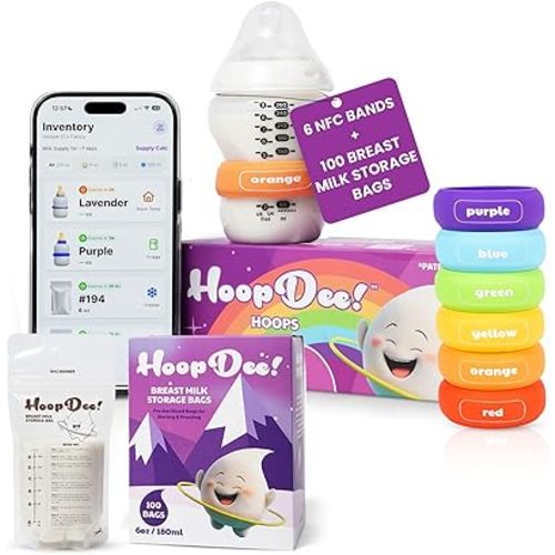 Smart Breast Milk Management Bundle - NFC Bands & Leak-Proof BPA-Free Storage Bags with Free App Integration, Dishwasher-Safe Silicone, Freezer Safe, 6 Bands & 100 Bags