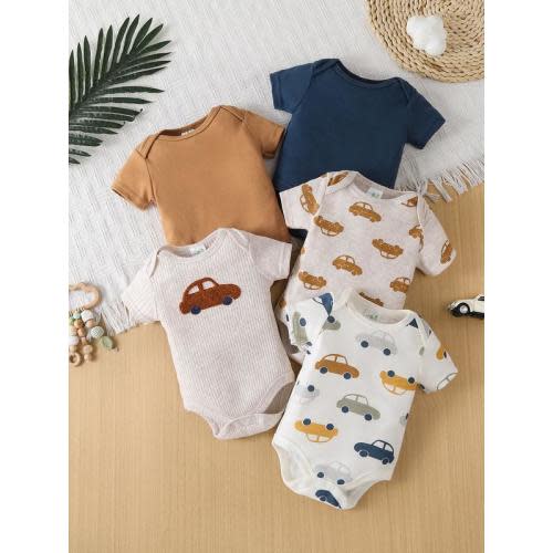 5-piece baby boy triangle jumpsuit, short-sleeved newborn car sports style, cotton jumpsuit, Ha Yi crawling suit - TikTok Shop