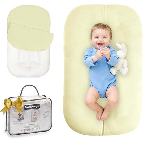 Baby Lounger for Newborn - Snuggle Cozy Me Lounger | Breathable Soft Cotton, 0-24 Months Portable Playtime Baby Nest, Newborn Baby Essentials Gifts- Yellow (1 Lounger + 1 Cover)