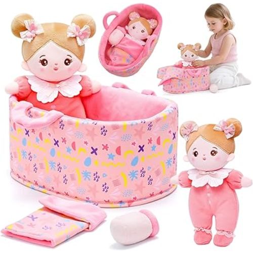 OUOZZZ 10" Soft Baby Doll Set with Plush Doll, Bassinet, Blanket and Bottle, Pretend Playset for Emotional Social Education Doll for 2 Year Olds Girls Christmas Birthday Gift Pink