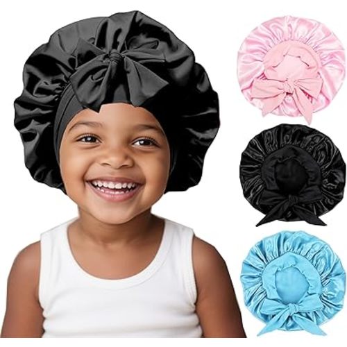 3 Pcs Kids Silk Bonnet for Sleeping - Baby Satin Bonnet for Sleep,Kids Hair Bonnets for Curly Hair Girls Boys with Wide Elastic Band,Sleeping Cap for Teens Toddler Child (Pink+Black+Light Blue)
