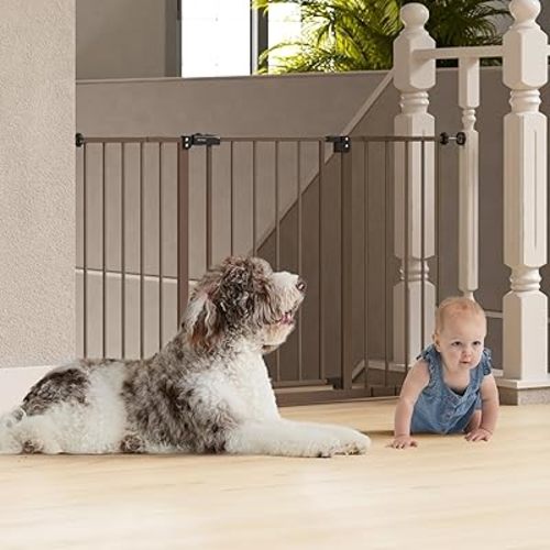 InnoTruth 29.5–49.75" Extra Wide Baby Gate for Stairs, 30" Tall Walk Through Dog Gate for Stairs & Doorways, Pressure-Mounted Safety Gate for Pets & Kids, Dual Lock & 2-Way Swing, Brown
