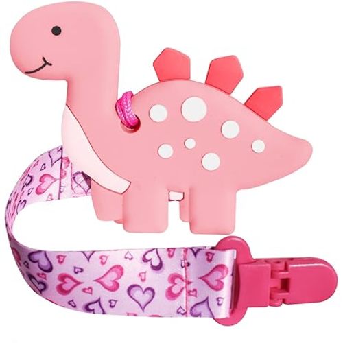 1 Soft Dinosaur Teether for Babies and 1 Baby Pacifier Clip, Valentines Day Gifts for Baby Girl Boy,Silicone Chew Toys(Pink Dinosaur)