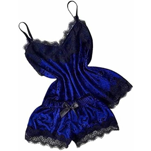 Sexy Pajama Set for Women Lace Cami and Shorts Two Piece Satin Lingerie Ruffled Sleepwear V Neck Camisole Nightwear