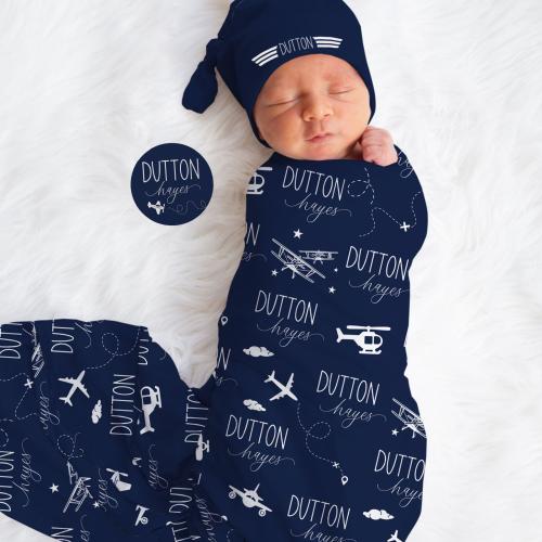 Personalized Airplane Baby Blanket, Aviator Nursery, Swaddle and Hat