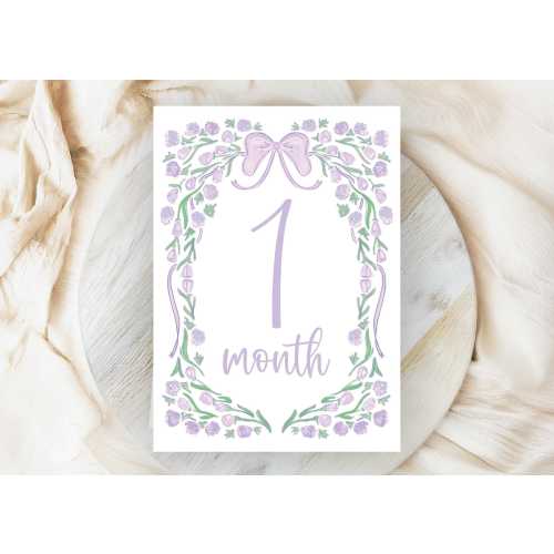 Purple Monthly Milestone Cards, Baby Girl Watercolor flower Monthly Milestone Cards, Grandmillennial Milestone Cards, Printed Milestone card