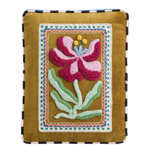 Multicolor Velvet Tufted Vintage Flower and Check Throw Pillow