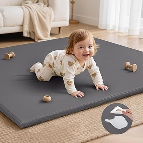 Baby Play Mat for Floor,50 x 50 Playpen Mat,Non-Slip Leather&Thick Foam Rug,Removable Waterproof Cover,Easy Care for Kids Crawling,Yoga（Grey)