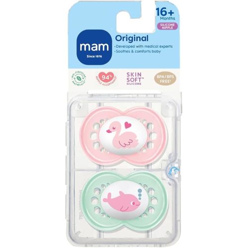Amazon.com : MAM Original Baby Pacifier, Nipple Shape Helps Promote Healthy Oral Development, Sterilizer Case, 2 Pack, 16+ Months, Animal/Girl : Baby