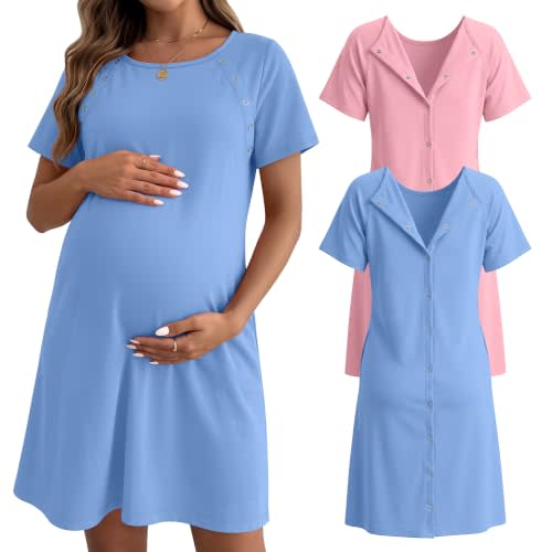 Huukeay 2 Pack Labor and Delivery Gown Maternity Hospital Dress | Women Nursing Birthing Robe, 3 In1 Breastfeeding Postpartum Nightgown Buttons, Short Sleeve Pjs, Pregnancy Outfit for Mom