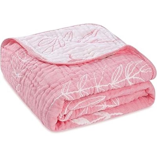 HardNok 6-Layer Muslin Baby Blanket Made with Organic Cotton - Nature Inspired Pattern,Swaddle & Crib Quilt, 43" x 43",Leaf Floral Pink