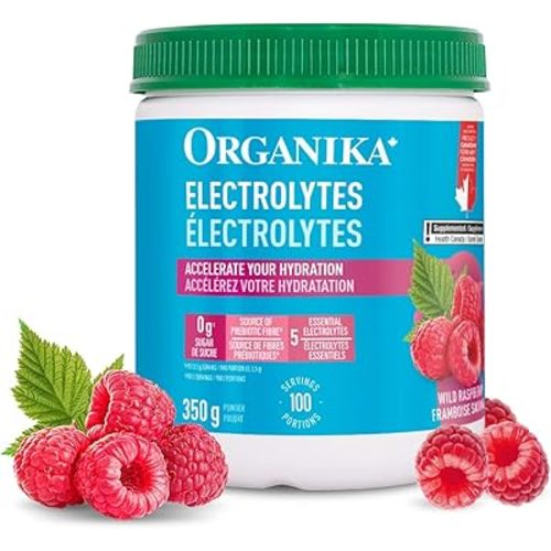Organika Mélange de boisson électrolytique fabriqué au Canada - Saveur framboise - Zéro sucre, Hydratation - 350 grammes - 100 portions