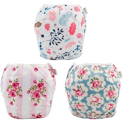 Babygoal Reusable Baby Girl Swim Diapers 3 Pack - Adjustable Washable for 0-8 Months Infants - Ideal for Swimming Lessons - Flower Design